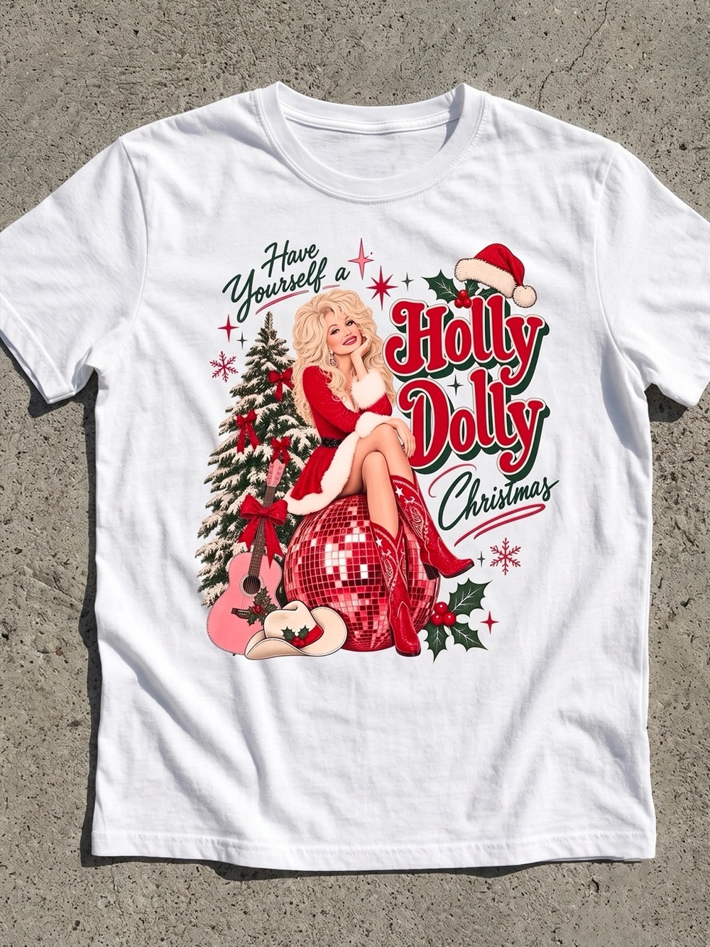 Holly Dolly Christmas Parton Country Music Disco White T-Shirt